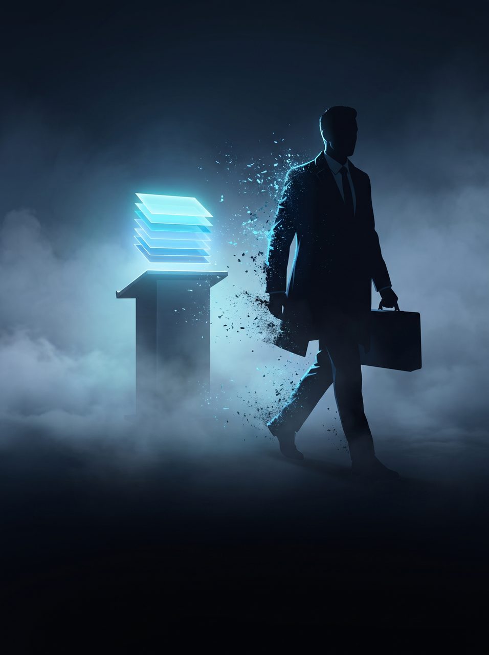 A silhouetted consultant dissolving into particles as they leave, a tidy stack of glowing slides hovering behind