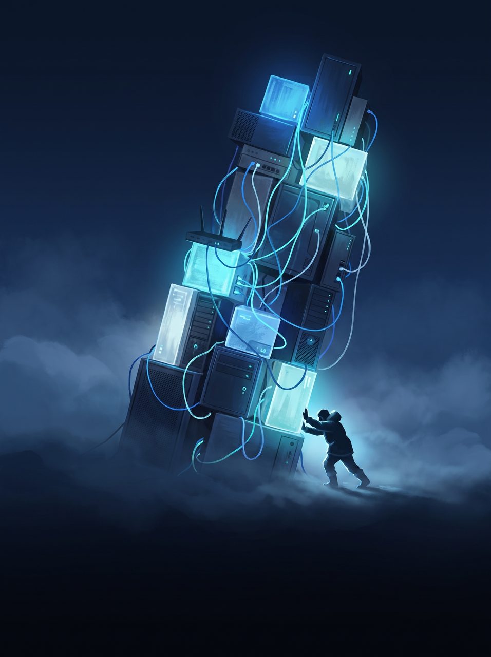 A small silhouetted founder straining to hold up a leaning tower of mismatched glowing tech boxes and tangled cables