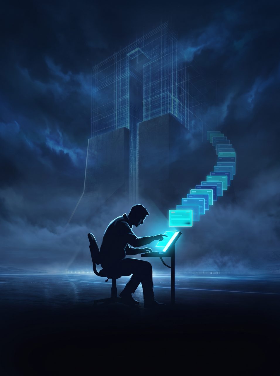 A silhouetted support figure closing one glowing ticket while a queue of tickets stacks behind and a blueprint goes ignored