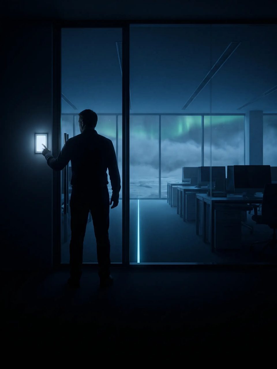 A founder at the office door pressing one lit switch as the workspace beyond goes dark