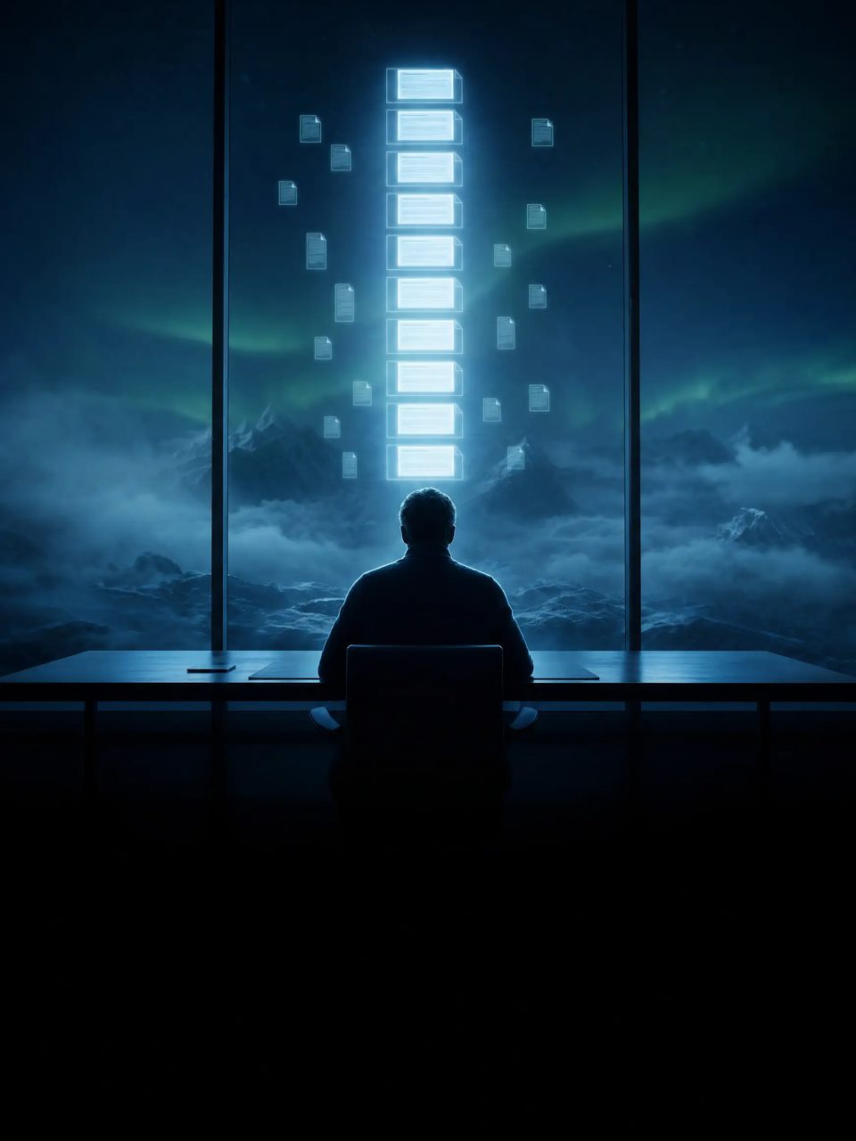 A founder at a desk at night, scattered documents gathering into one ordered column of light