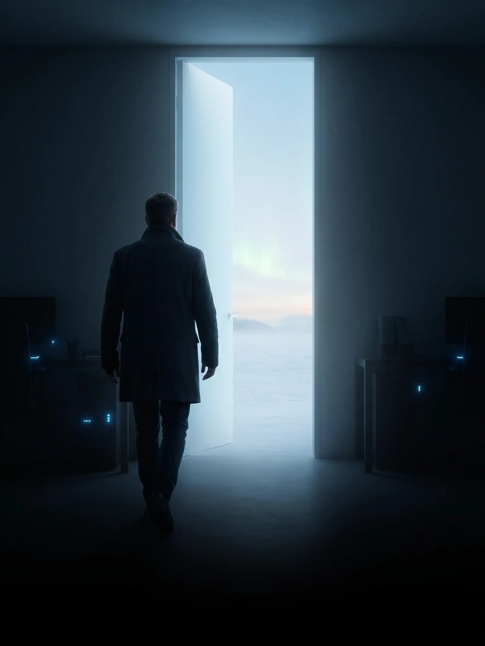A founder walking out through a doorway of first light while the office runs quietly behind