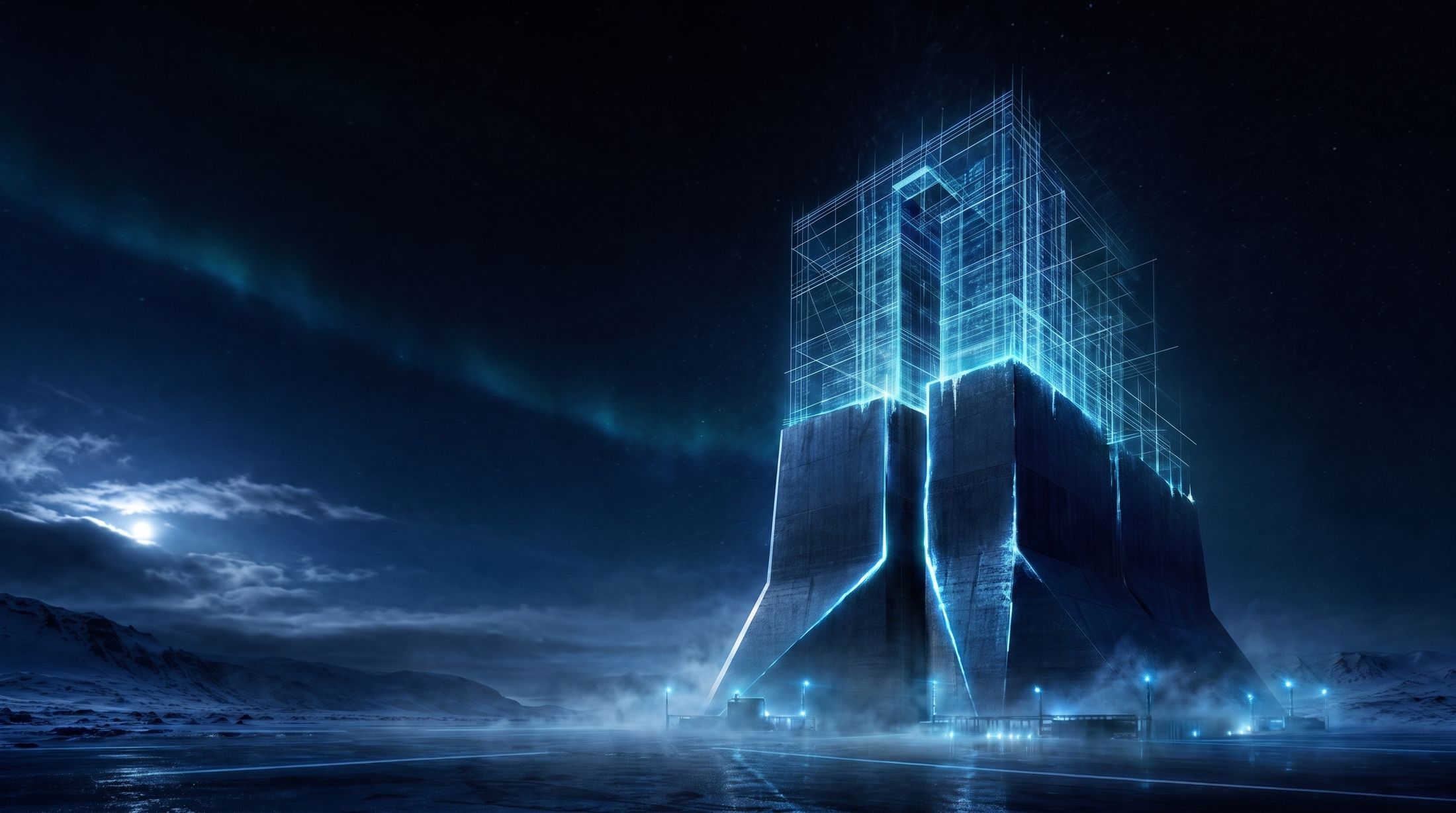 The structure half materialised, solid volumes climbing into the wireframe