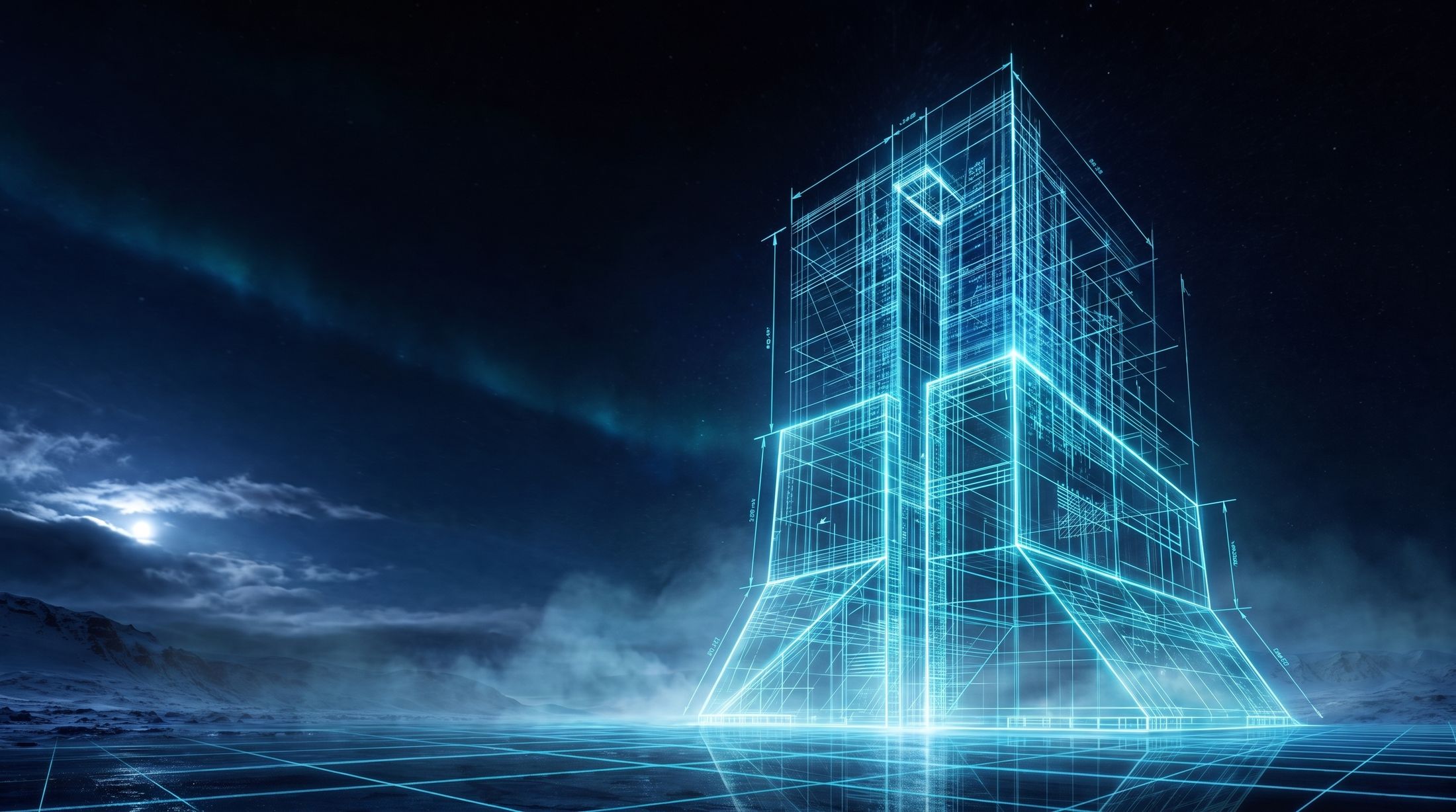 The structure as a complete glowing blueprint wireframe rising from the plan grid