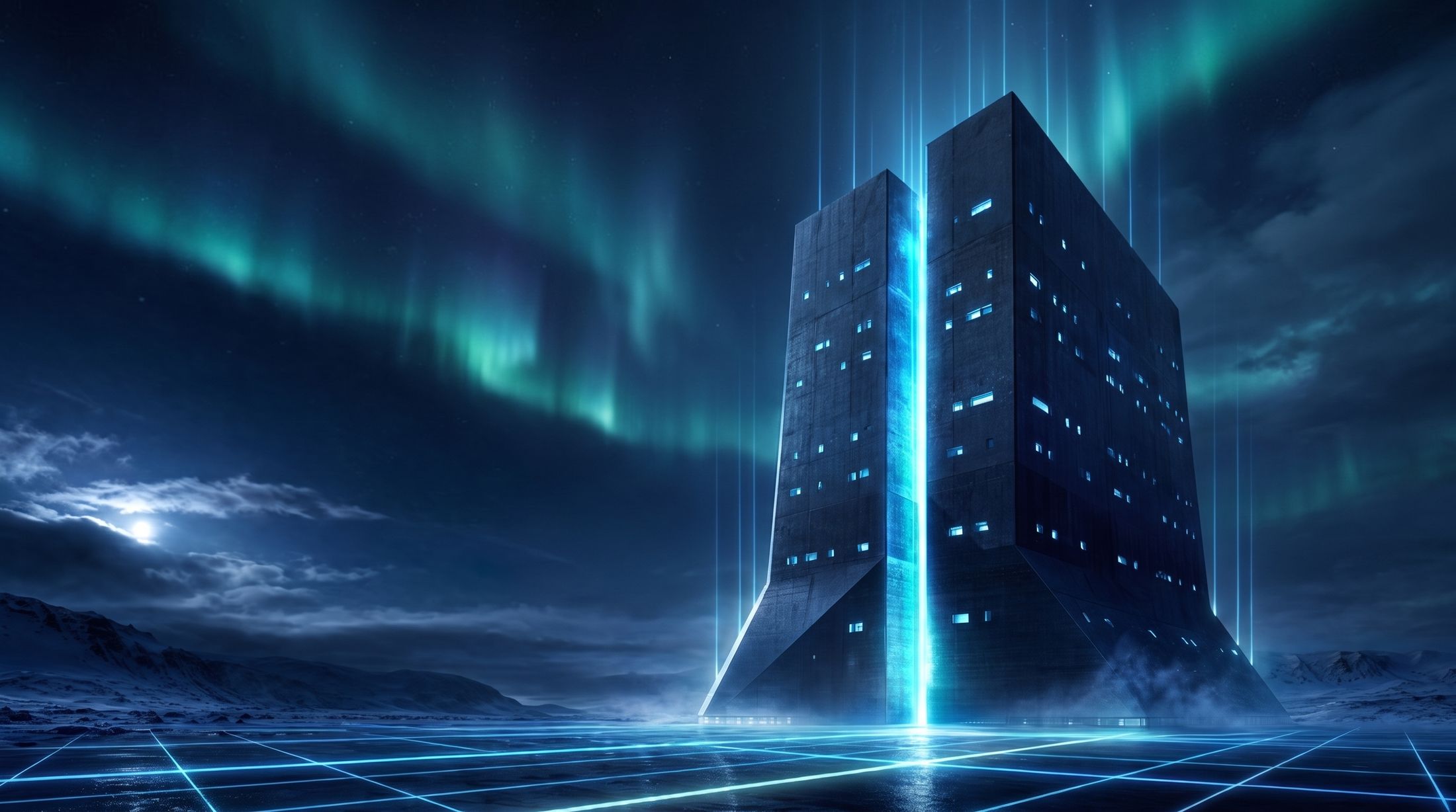 The structure alive at night, its seam of light running